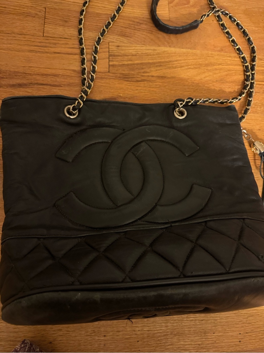 CHANEL Black Quilted Leather Shoulder Tote with Chain Strap